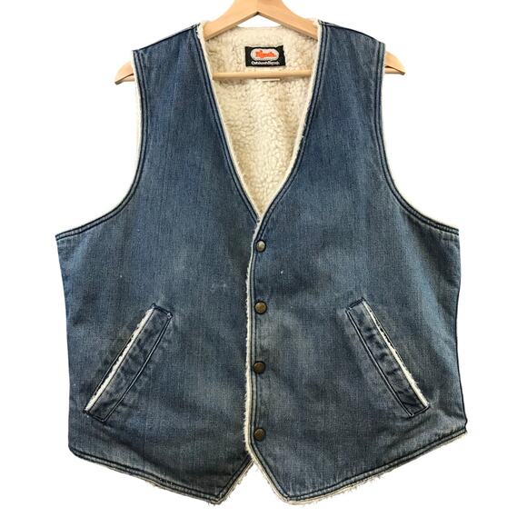 VINTAGE OSH KOSH DENIM VEST SHERPA LINED BLUE LARGE LONG MEN USA - Picture 1 of 9